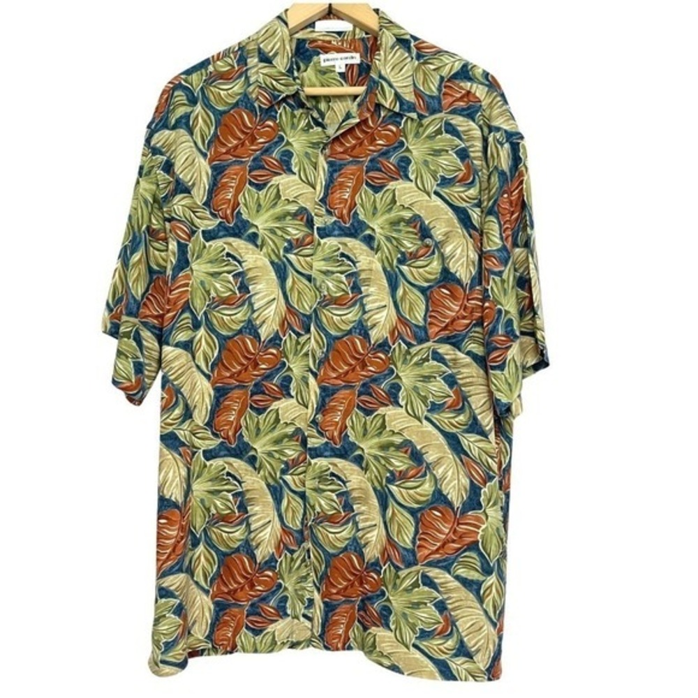 Pierre Cardin Mens L Hawaiian‎ Tropical Camp Shirt Green Leaf Aloha Button Up
